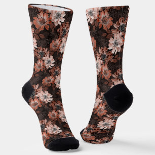 Chaussette Crème, fleurs de teracote sur un arrière - plan br