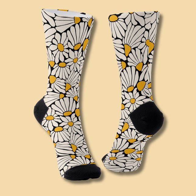 Chaussette Crème jaune moutarde botanique florale rétro (Retro floral daisy dream socks)