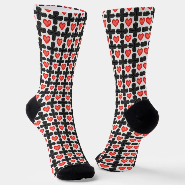 Chaussette Cross Shaped Checkered Pattern with Red Hearts (Angulaire)