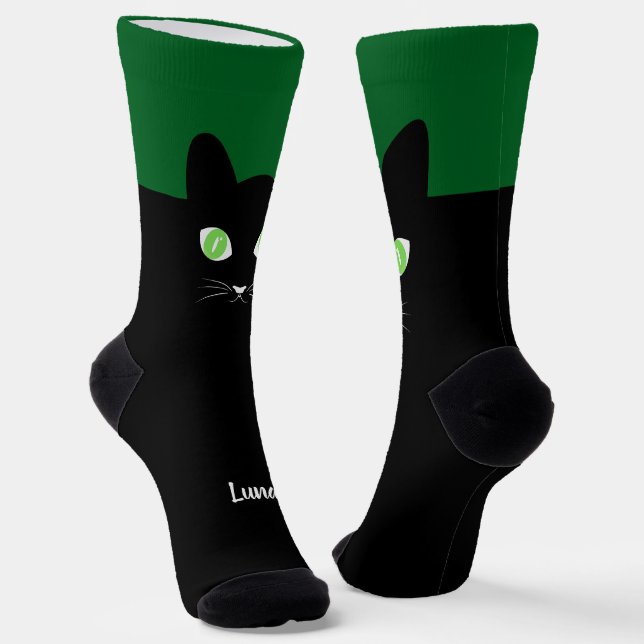 Chaussette Custom Black Cat Photo Socks with Name - Cat Lover (Angulaire)