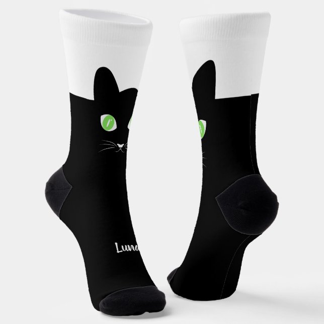 Chaussette Custom Black Cat Photo Socks with Name - Cat Lover (Angulaire)