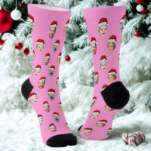 Chaussette Custom Face Santa Hat Pink Socks, 4 Photos Pink (Créateur téléchargé)