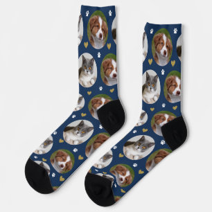 Chaussette Custom Pet 2 Photo Heart Navy Blue Empreinte de pa
