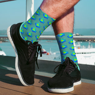 Chaussette Cute 8 bits Pixel Art Poisson Turquoise Green Moti