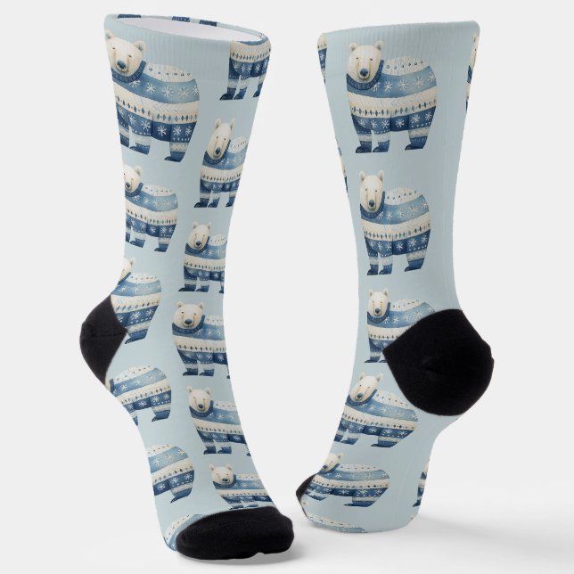 Chaussette Cute Aquarelle Ours Polaire Motif Bleu Blanc (Angulaire)