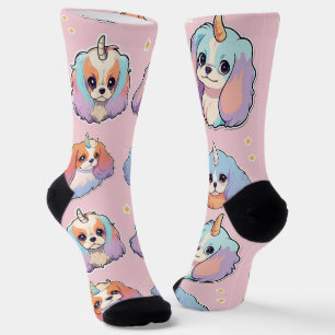 Chaussette Cute Cavalier King Charles Unicorn Pastel rose
