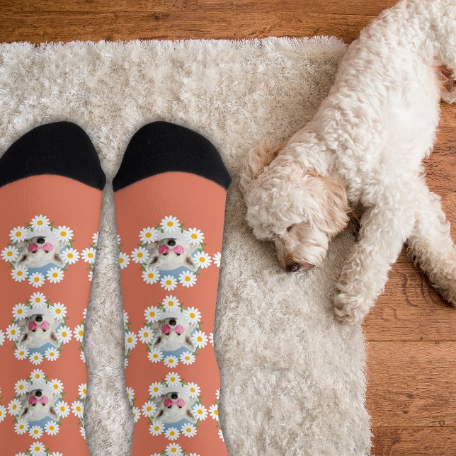 Chaussette Cute Daisies Custom Photo Pet Dog Lover Pink  (Créateur téléchargé)