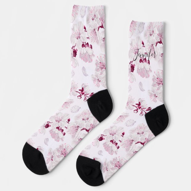 Chaussette Cute fleurs de cerisier motif floral mignon rose b (Gauche)