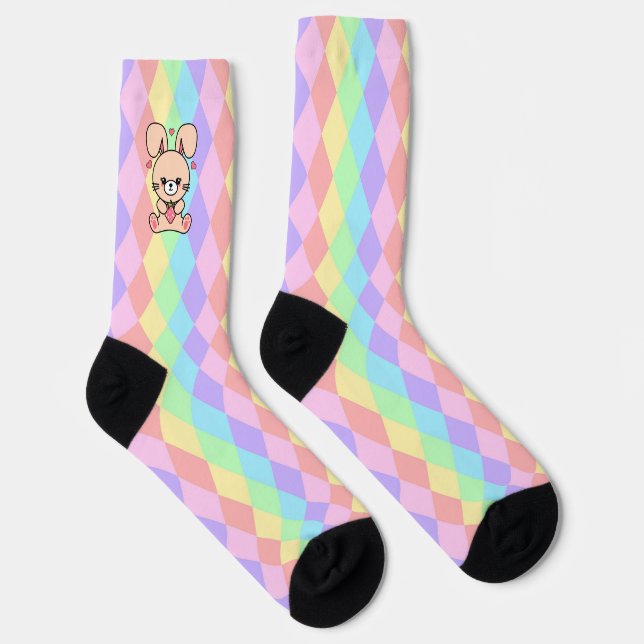 Chaussette Cute Kawaii Lapin Lapin sur Pastel Diamonds (Droite)