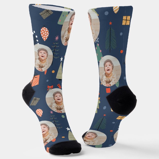 Chaussette Cute Navy Blue Funny Christmas Photo Holiday (Angulaire)