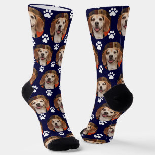 Chaussette Cute Pet Photo Empreinte de patte Custom Navy Chau
