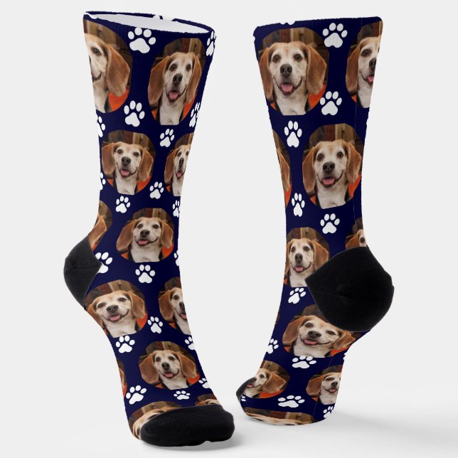 Chaussette Cute Pet Photo Empreinte de patte Custom Navy Chau (Angulaire)