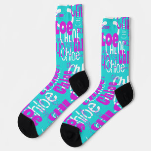 Chaussette Cute Retro Hot Pink Blue Nom personnalisé Motif