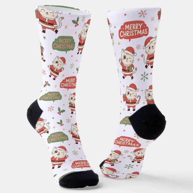 Chaussette Cute Santa Cat Pattern "Merry Christmas" Holiday  (Angulaire)