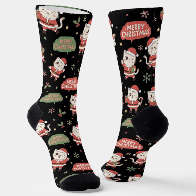 Chaussette Cute Santa Cat Pattern "Merry Christmas" Holiday  (Angulaire)