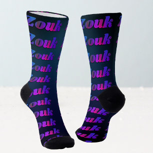 Chaussette Danse zouk violet foncé, rouge, lettres bleues