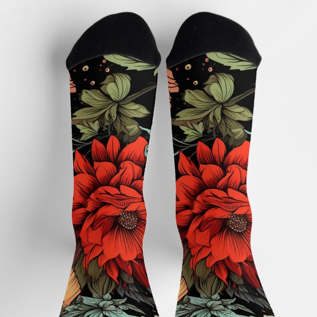 Chaussette Dark Academia Maximalist Red Dahlia Floral  (Haut)