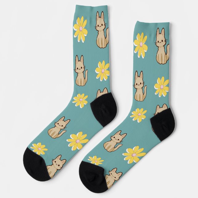 Chaussette Design mignon Chats adorables avec fleurs l Bleu (Gauche)