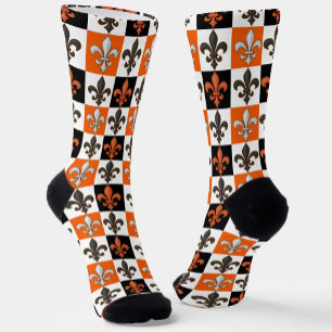 Chaussette Design Orange Noir Blanc À damiers Fleur de lis