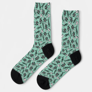 Chaussette Dessin de chats drôles bleu clair noir et blanc