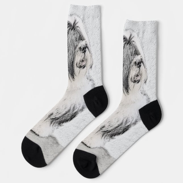 Chaussette Dessin de collie à oreilles - Joli art original de (Gauche)