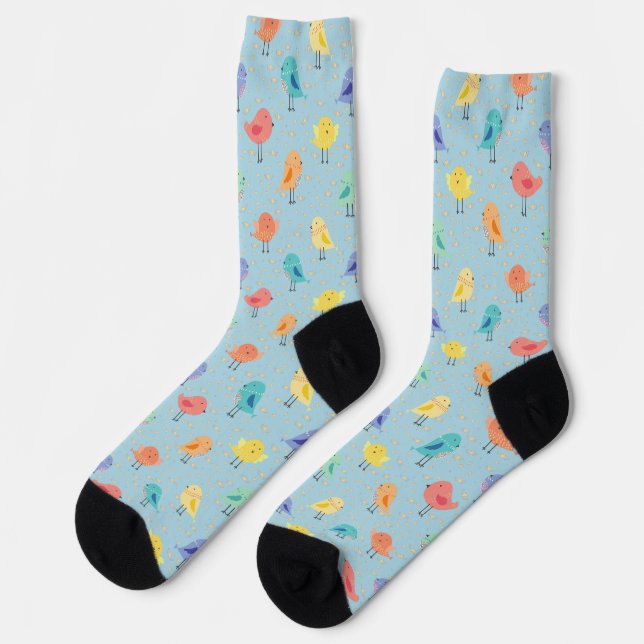 Chaussette Dessin d'oiseaux colorés, sur bleu (Gauche)