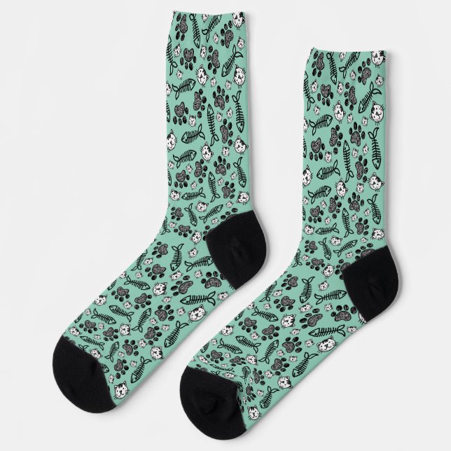 Chaussette Dessin Funky Bleu Bleu Noir et Blanc Chats (Gauche)