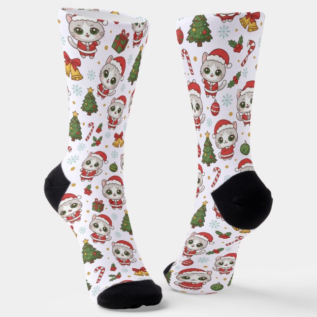 Chaussette dorable Kitten And Christmas Icons Pattern Holiday (Angulaire)