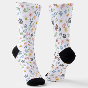 Chaussette 🐾 Douce Florale Aquarelle et Empreinte de Patte