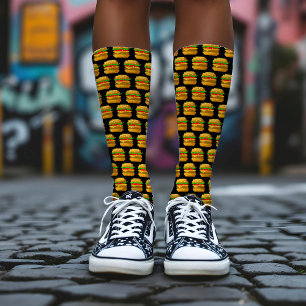 Chaussette Drôle 8 bits Pixel Art Burger Quirky Geeky Black