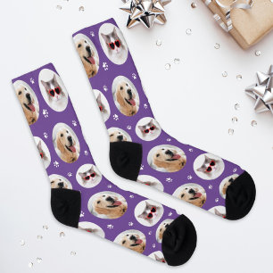 Chaussette Drôle Violet Personnalisé 2 Photo d'Animal Emprein
