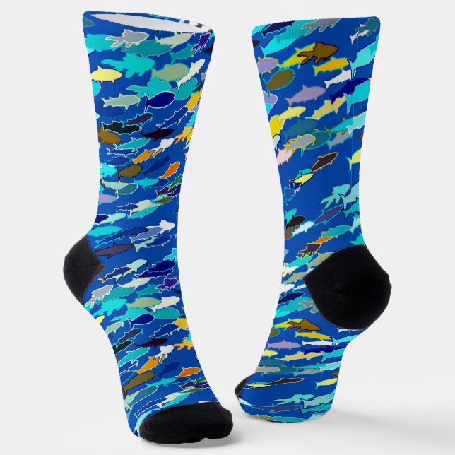 Chaussette École de poisson, bleu foncé, blanc et turquoise (Angulaire)