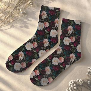 Chaussette Élégant Floral Turquoise Rouge