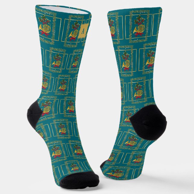 Chaussette Elegant French Horn Christmas Teal Monogram (Angulaire)