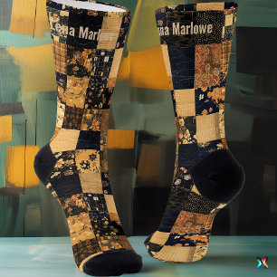 Chaussette Elégant Marine et Gold Patchwork - Custom Floral