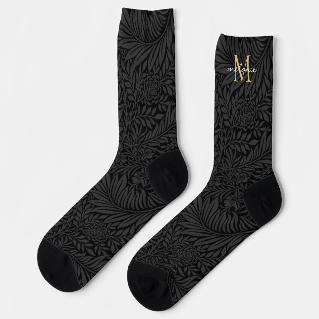 Chaussette Élégant Monogramme Floral Noir Nom Chaussettes (Gauche)