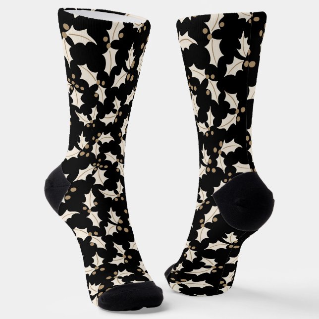 Chaussette Elégant Motif Holly Noir, Ivoire, Or (Angulaire)