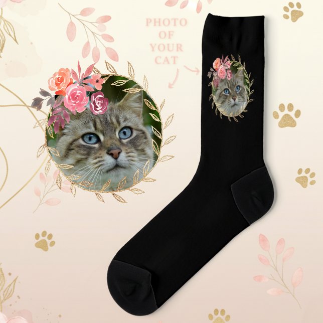 Chaussette Elégant Personnalisé Pet Photo Noir (Custom pet photo socks for cat lovers.)