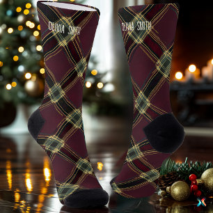Chaussette Élégant plaid de Noël bordeaux et or personnalisé