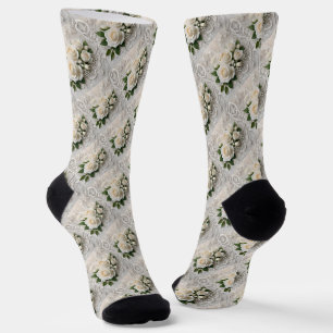 Chaussette Elégante Dentelle Mariage Blanche Et Roses,