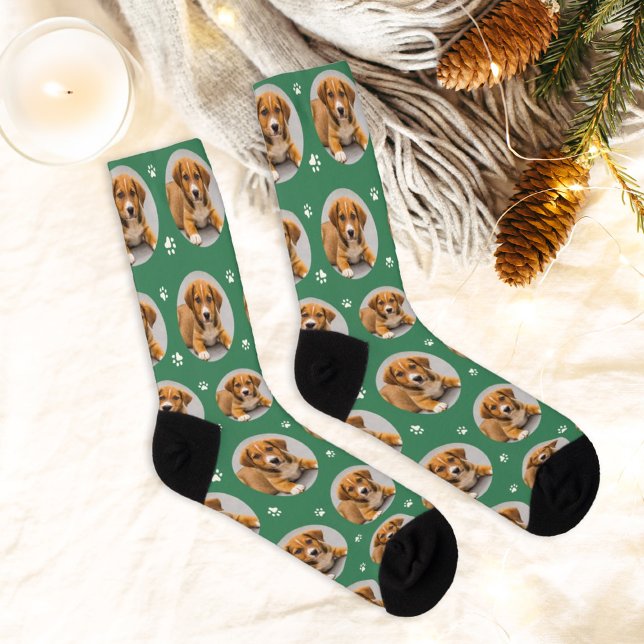 Chaussette Empreinte de patte vert photo de chien personnalis (Créateur téléchargé)
