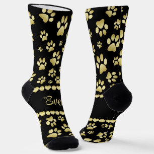 Chaussette Empreintes de Patte Dorées sur Fond Noir avec Nom 