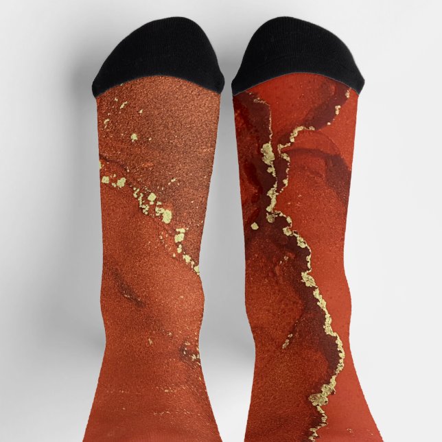 Chaussette Encre d'alcool rouge et or Liquide Art Abstrait (Haut)