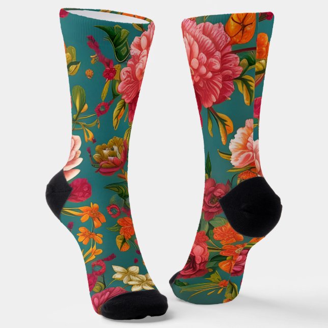 Chaussette Étonnant rose fleuri orange et turquoise (Angulaire)