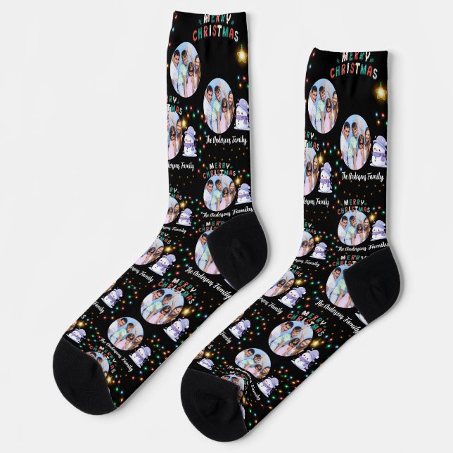 Chaussette Famille de Noël moderne Snowman Photo et nom (Gauche)