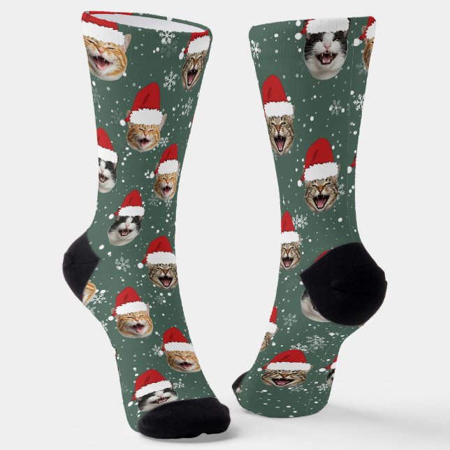 Chaussette Fantaisie Personnalisée Chat Visages Noël Chapeaux (Angulaire)