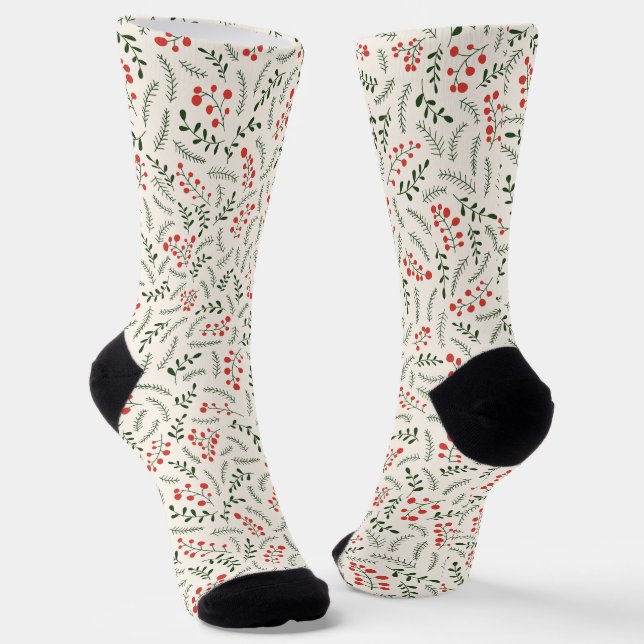 Chaussette Ferme verte crème rouge feuillage motif mignon (Angulaire)