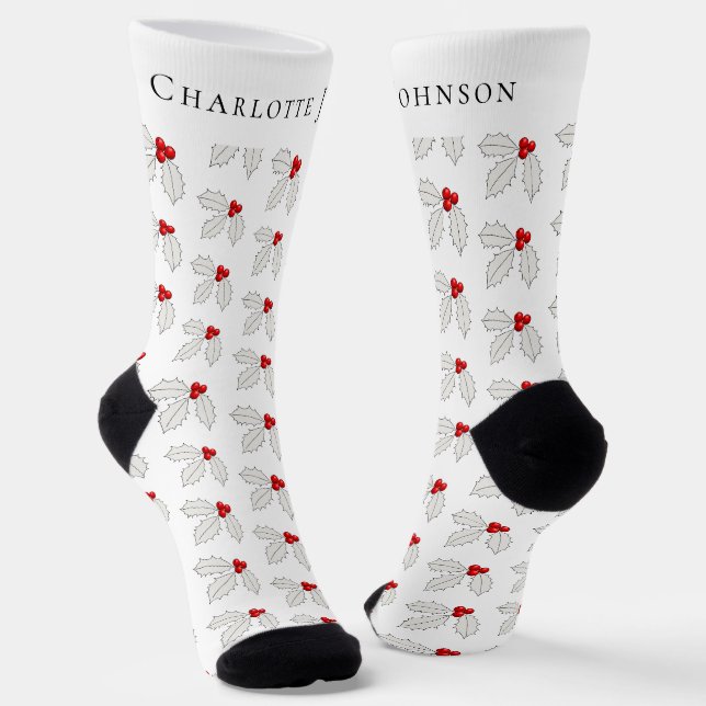 Chaussette Festif personnalisé Holly Berry Noël blanc (Angulaire)