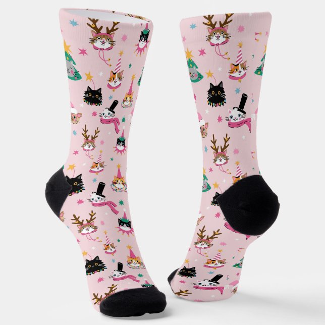 Chaussette Festive Chat Faces en Motif Casquette de vacances (Angulaire)