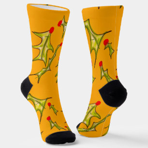 Chaussette Feuilles de houx de Noël dessinées à la main sur f